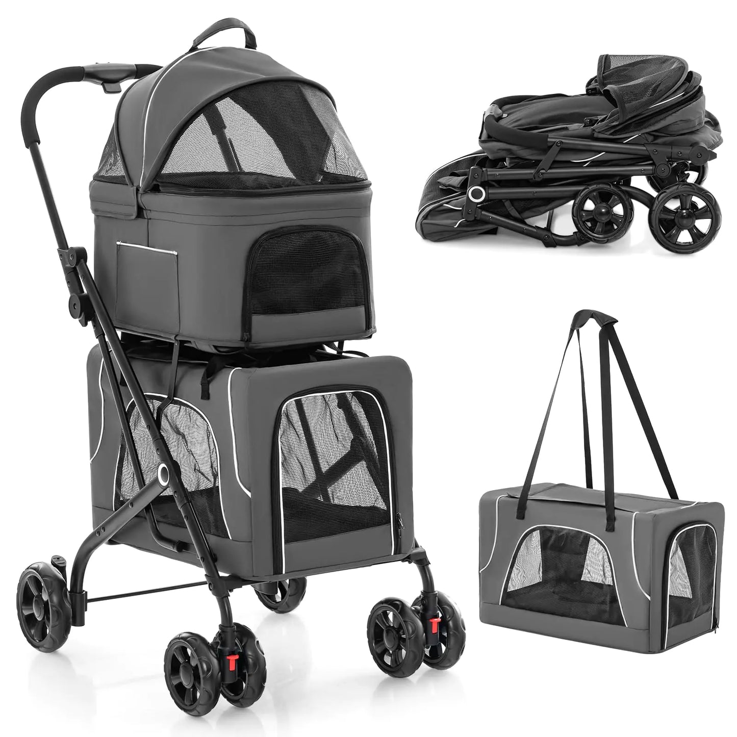 PETSITE Double Dog Stroller Foldable 3-in-1 Cat Stroller with 2 Detachable Carriers Safety Belt Washable Cover Removable Pads 4 Wheels Travel Pet Stroller for Small Medium Dogs Cats (Grey)