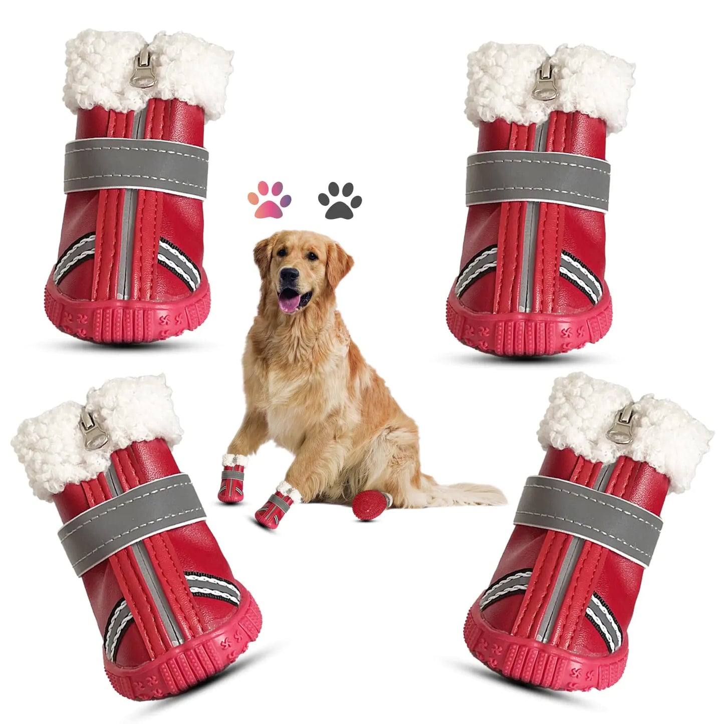 Dog Boots Puppy Winter Shoes Pet Waterproof Paw Protectors with Reflective Strips Rugged Anti-Slip Sole for Snow/Ice Pavement (Red #3)