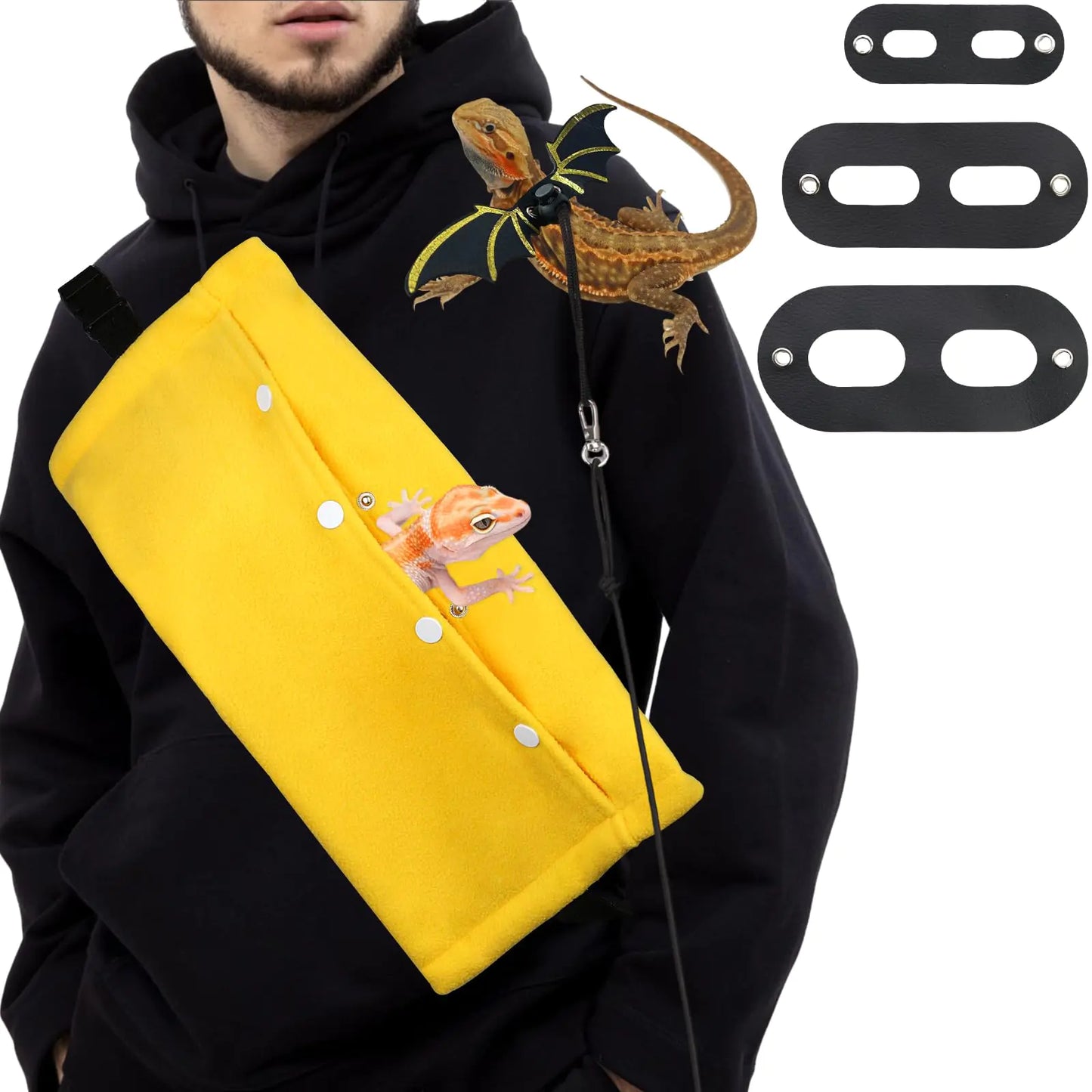 Dexspoeny Bearded Dragon Carriers and Leather Leash with WingsBearded Dragon Leash Lizard Adjustable HarnessSmall Pet Backpack Batwing Accessories for Outdoor Travel Walking Rest-Yellow
