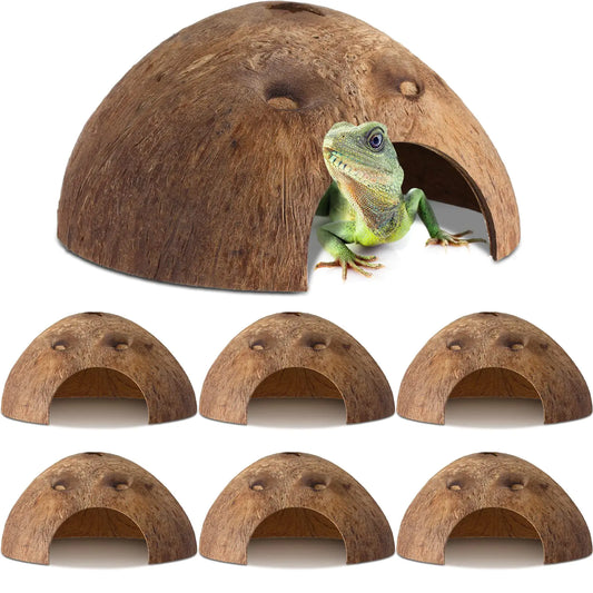 6 Pcs Coconut Shell Reptile Hideouts Hut Reptile Hides and Caves Coconut Hide for Reptile Small Animal Hide Cave Hut for Leopard Gecko Snake Aquarium Fish Lizard Hermit Crab Supplies House Accessories